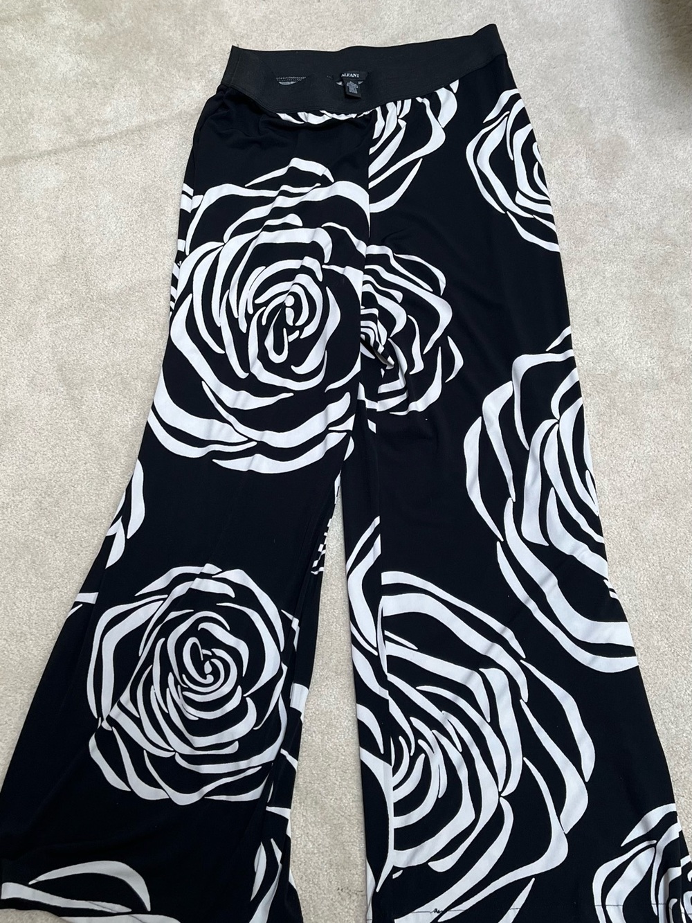 Alfani Black Wide-Leg Pants with White Floral Rose Print- Like New